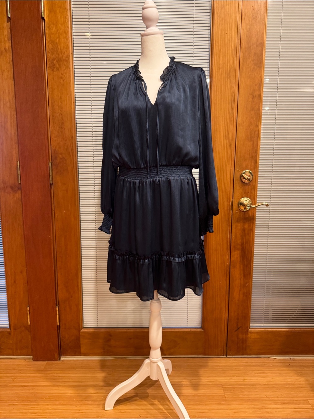 CeCe Elegant Navy Blue Long-Sleeve Ruffle Hem Dress